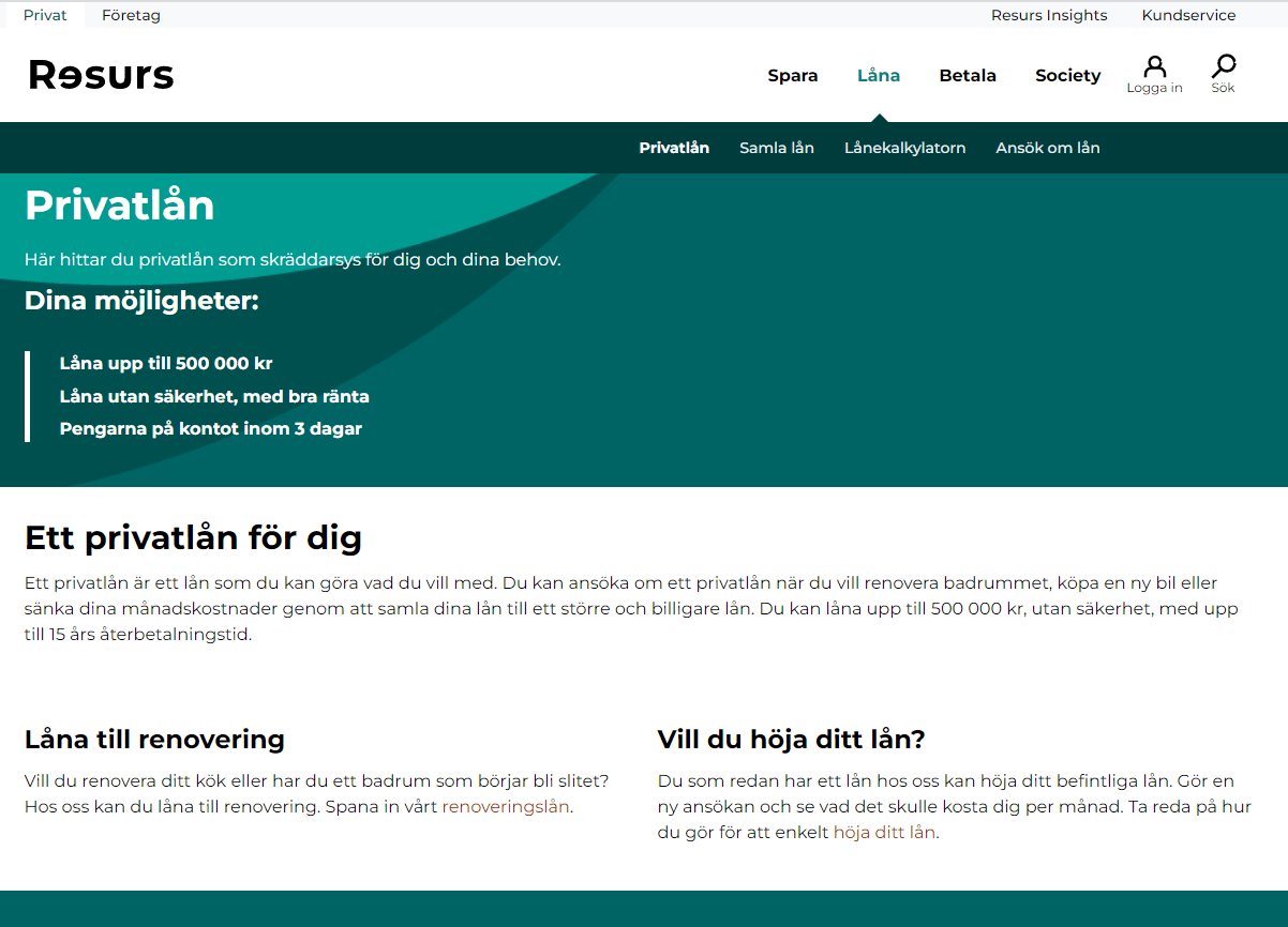 Resurs Bank privatlån och samlingslån upp till 500 000 kr